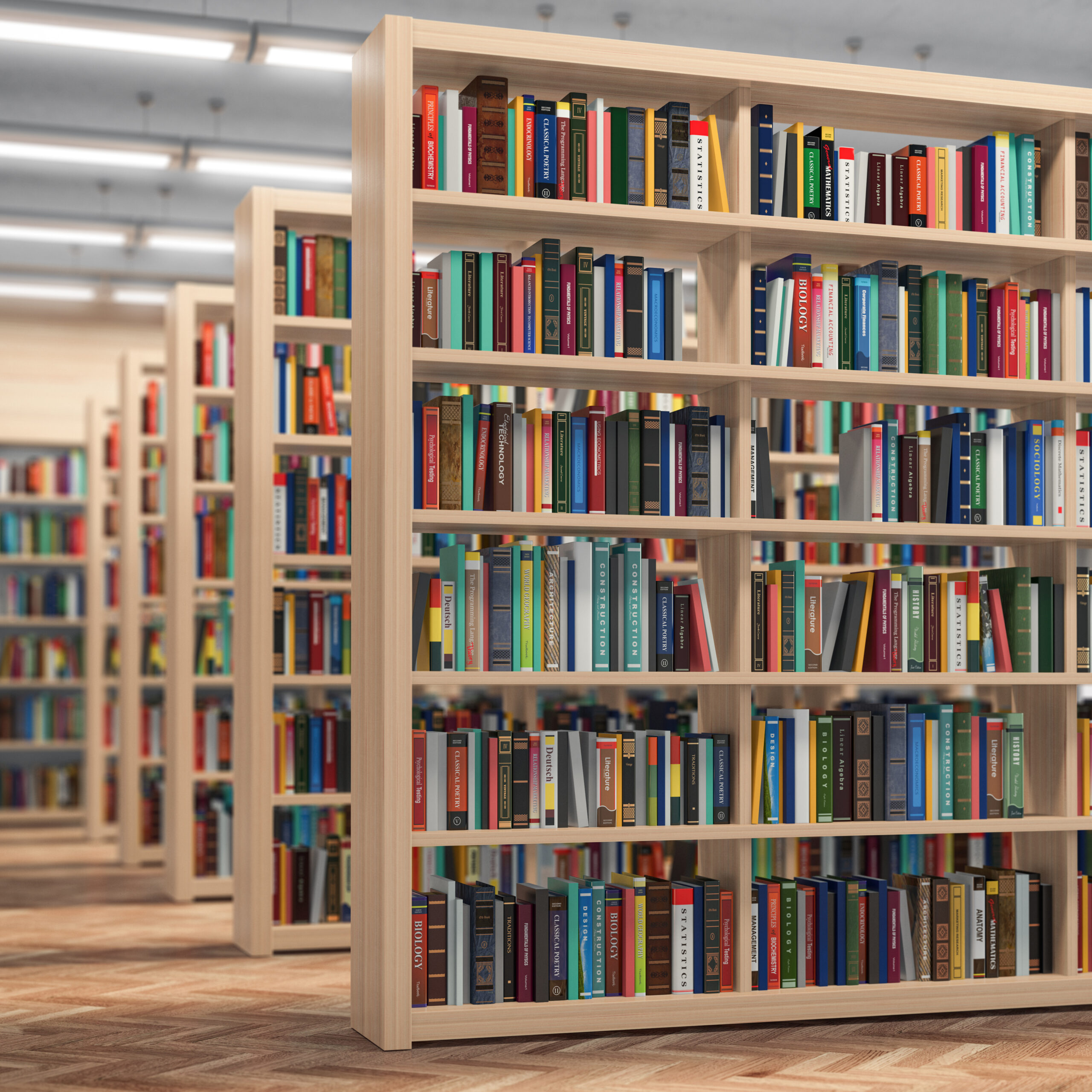 Library. Bookshelves with books and textbooks. Learning and education concept. 3d illustration