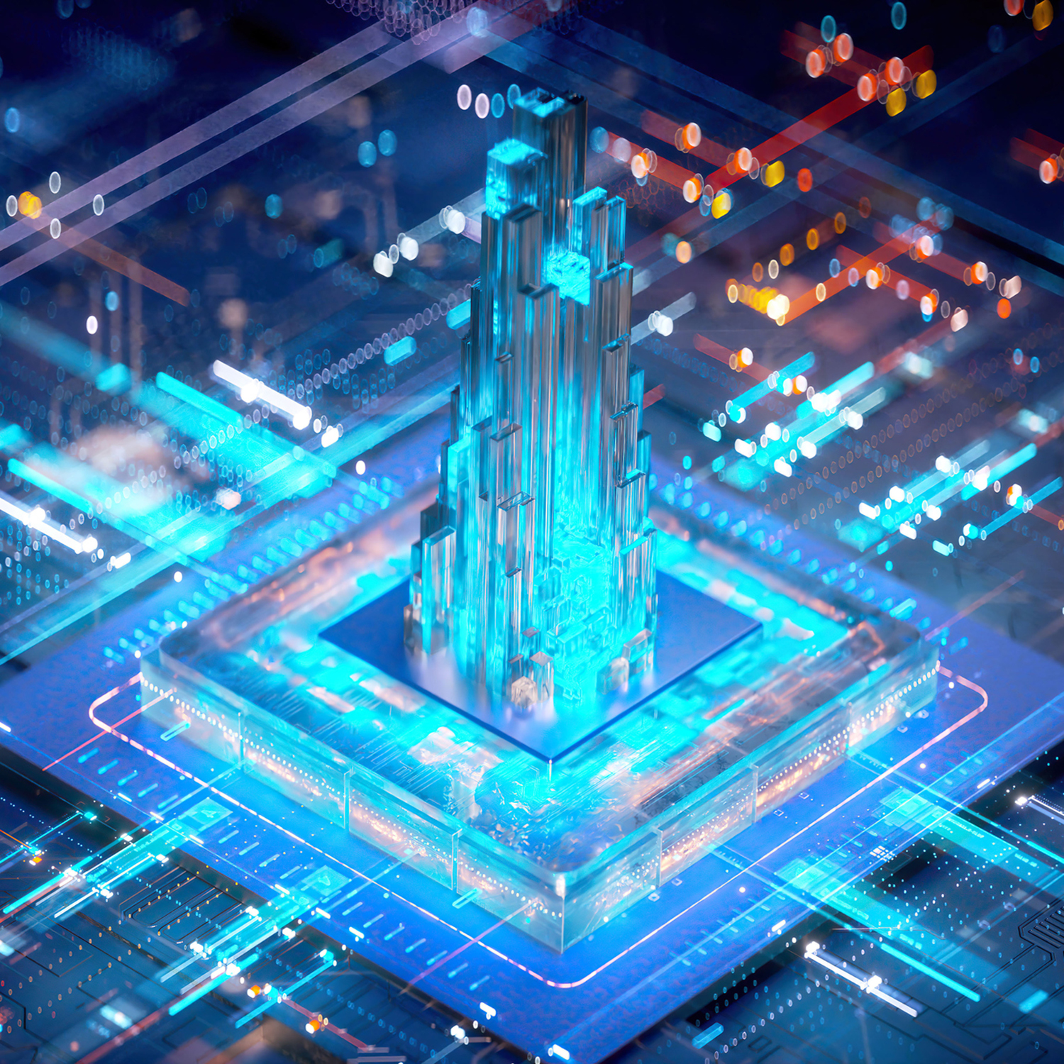 3D rendering of cyberpunk AI. Circuit board. Technology background. Central Computer Processors CPU and GPU concept. Motherboard digital chip. Tech science background. Integrated communication processor.