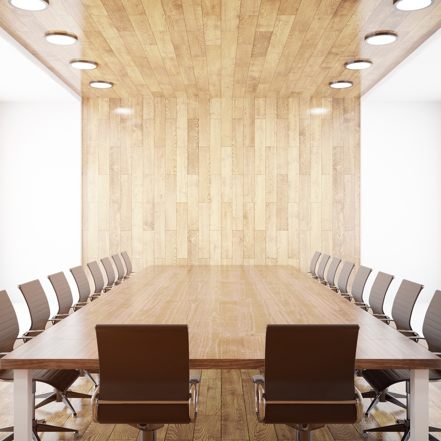 Modern conference interior with blank wooden wall, equipment and city view. Mock up, 3D Rendering